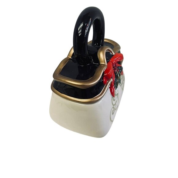 Davids Cookies Christmas Themed Purse Cookie Jar Bow & Holly Red Gold & Black - Picture 7 of 7